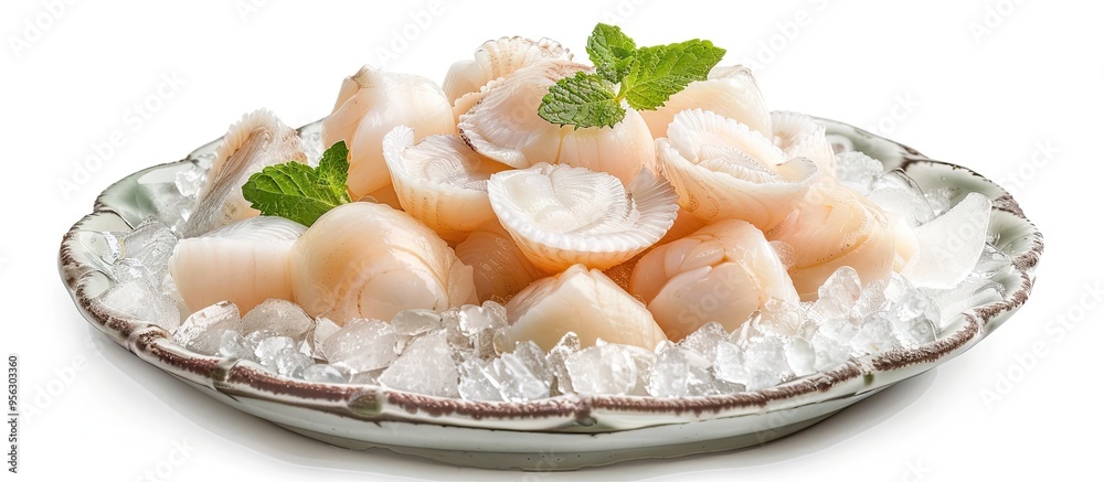 Poster Fresh scallops on ice isolated on a white background for text with copy space image