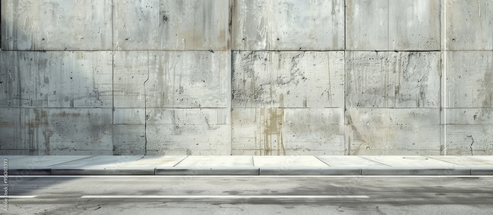 Leinwandbilder a grungy concrete wall with a building facade in the background a sidewalk and asphalt road in front