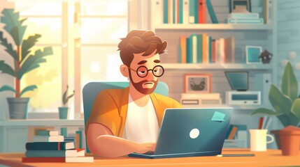 Man Working on Laptop in Home Office