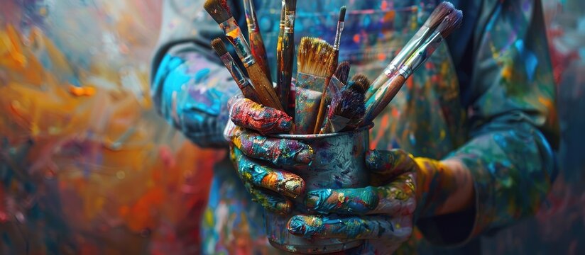 An artist s hands covered in paint hold a metal cup filled with brushes displaying vibrant colors that accentuate the creative process in an art studio s copy space image