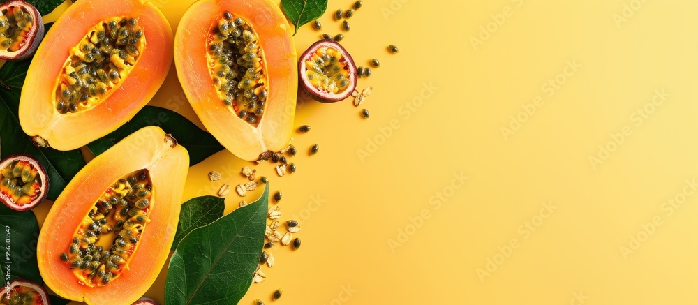 Poster halved papayas rucola and granola with copy space set on a yellow background alongside slices of swe