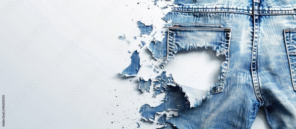 Poster ripped jeans displayed on a white background with a hole in the denim fabric ideal for a copy space 