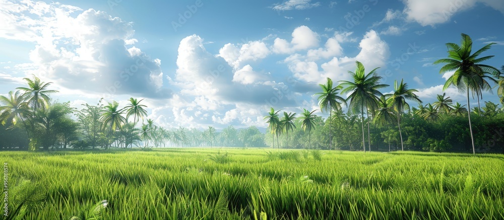 Poster scenic view of a lush paddy field with coconut trees in the background set against a vibrant sky wit
