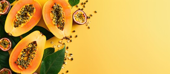 Halved papayas rucola and granola with copy space set on a yellow background alongside slices of sweet papaya and passion fruit