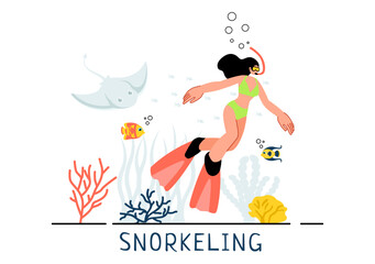 Snorkeling Adventure Vector Illustration featuring Underwater Swimming, Exploring the Sea, Coral Reefs, and Fish in a Flat Style Cartoon Background