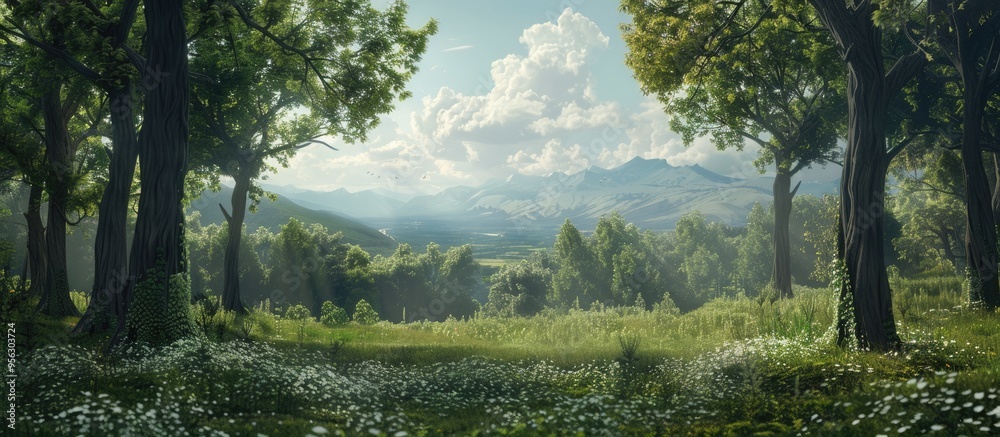Poster forest overlooking scenic countryside with ample copy space image
