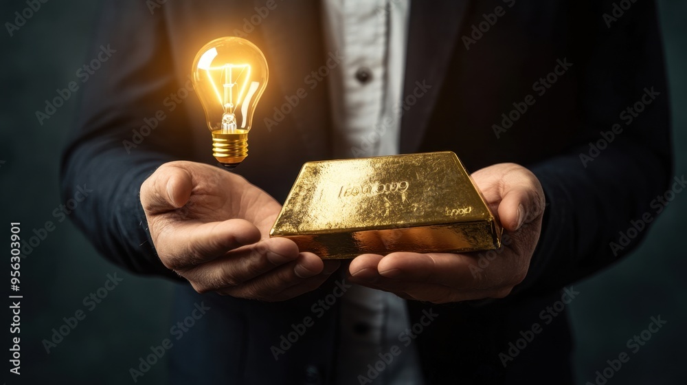 Wall mural a businessman holding a gold bar in one hand and a lightbulb in the other, representing innovative i