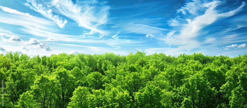 Aufkleber nature background with a clear blue sky and unique white clouds above a lush green forest creating a