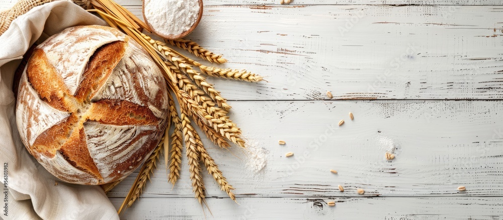 Poster Top view of a loaf of bread with wheat ears and a bag of flour on a white wooden surface creating a baking bread background with copy space image