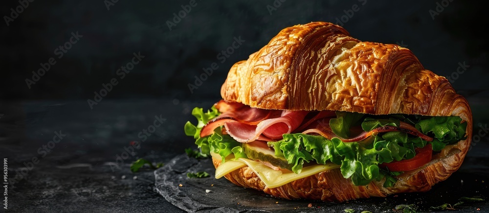 Poster a croissant club sandwich featuring savory ham and cheese layers displayed on a black backdrop showc