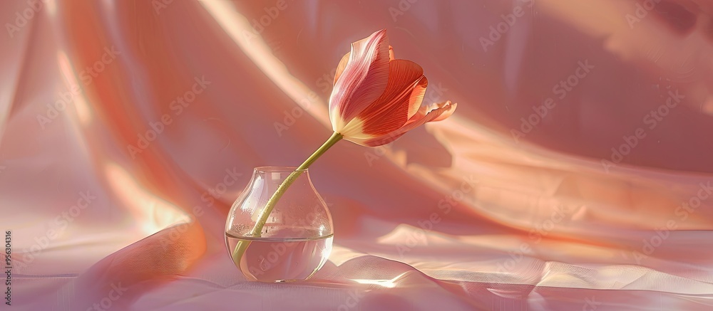 Poster a delicate tulip in a small clear vase on a bright backdrop ideal for a birthday mother s day or wed