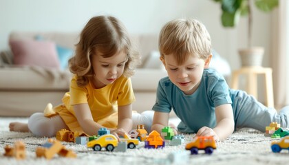 Fototapeta premium Children playing with toy cars and blocks on carpet