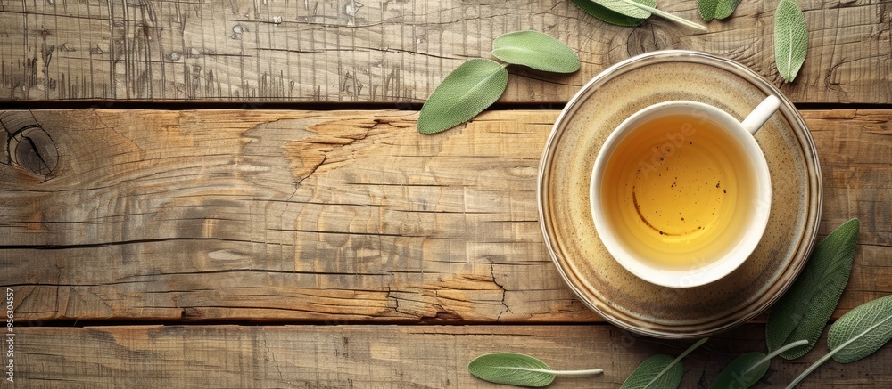 Poster top view of an herb infused tea in a cup alongside sage on a wooden table providing ample copy space