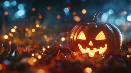 Halloween Pumpkin Lantern with Bokeh Background Landscape, 3D Illustration. AI generated illustration.