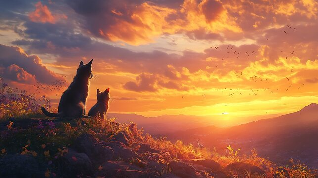 A dog and cat playing together on a hilltop, with a stunning panoramic view of the sunset sky
