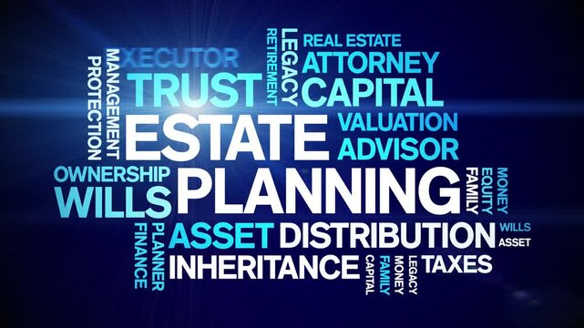 Estate Planning animated word cloud;text design animation tag kinetic typography seamless loop.