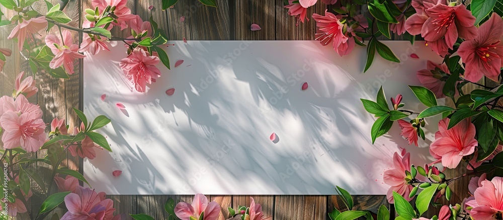 Poster Pink azalea and green basil flowers on a wooden surface with a blank paper sheet create a beautiful spring border in a top view copy space image