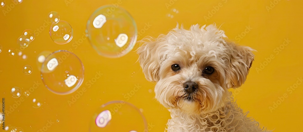 Poster maltese dog with soap bubbles on a yellow backdrop perfect for a copy space image