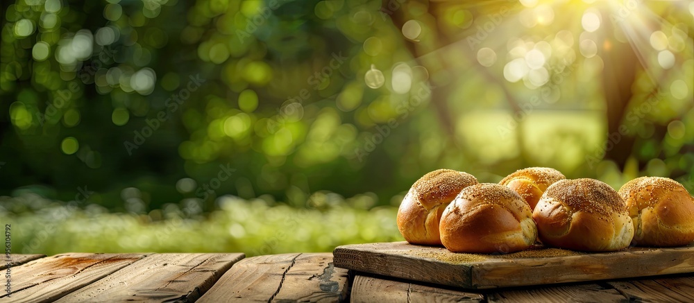 Leinwandbilder wooden table displaying freshly baked buns with available copy space image for product placement set