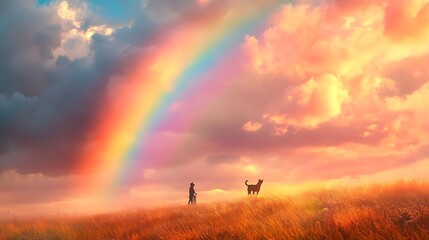 A playful dog and cat under a rainbow, with a breathtaking sky full of vibrant colors