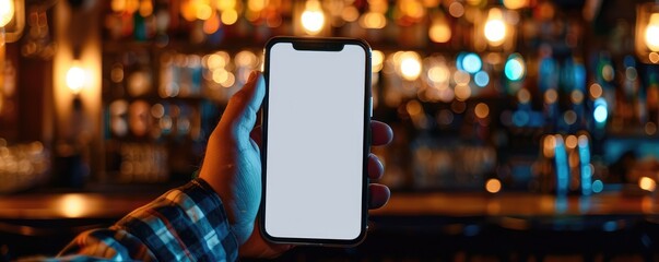 hand holding a smartphone with a blank screen in a lively bar with colorful shelves of bottles in the background