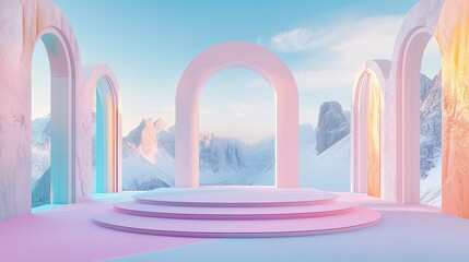 Fototapeta premium 3D rendered surreal landscape with pastel colors, geometric arches, and a central podium.