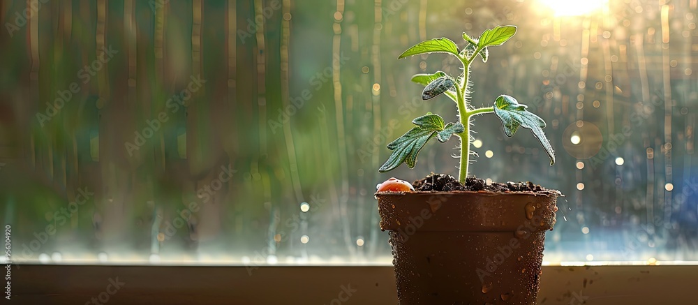 Poster tomato seedling sprouting in a pot on a windowsill with copy space image