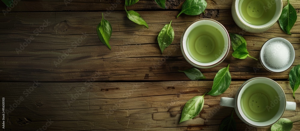 Poster flat lay composition featuring cups filled with refreshing green tea a sugar bowl and tea leaves on 