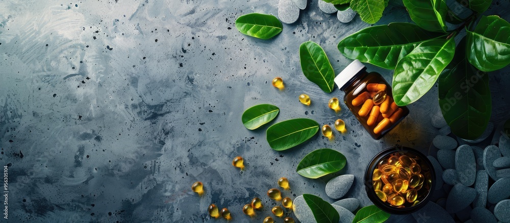 Leinwandbilder top view of pills and leaves in a bottle on a concrete background with copy space image