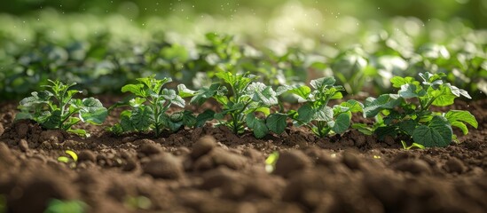 Potato beds with green tops of early potatoes growing in a garden background creating a picturesque copy space image for homestead farming and agriculture