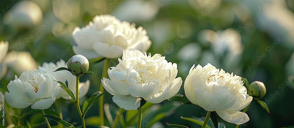 Fototapete blooming white peonies close up in a spring garden with a green natural background creating a beauti