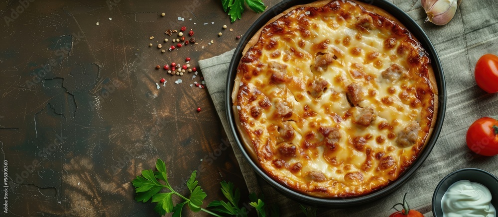 Poster A delicious Khachapuri cake with cheese and meat fried in a pan highlighting authentic Georgian cuisine displayed on a rustic brown concrete background with an open space for additional content