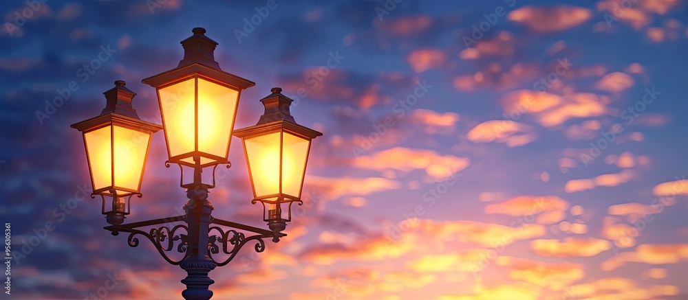 Aufkleber copy space image of a charming vintage street lamp illuminated in the evening against the backdrop o