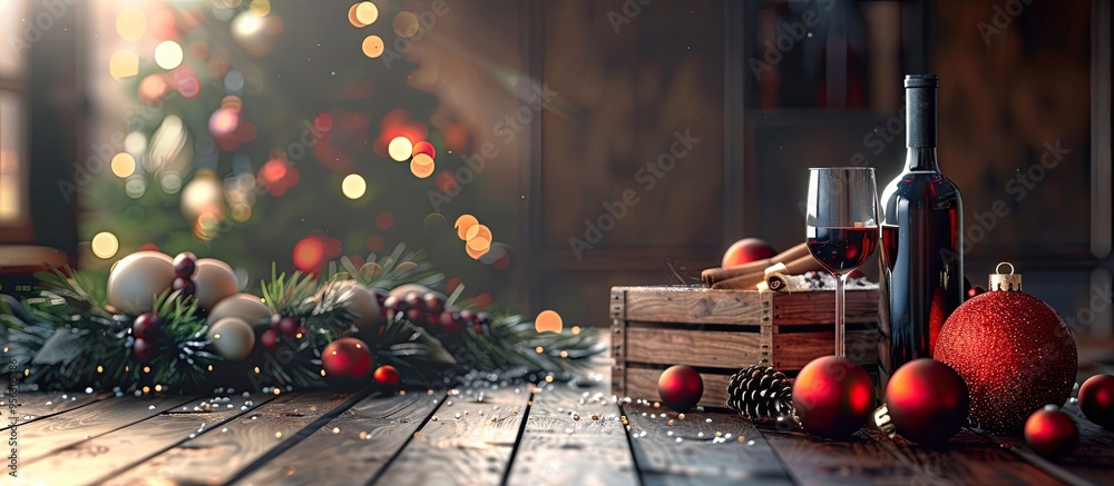Poster Table decorated with various elements like bottles of wine glasses wooden boxes fir twigs and red Christmas balls with an empty area for including text in the image. Creative banner. Copyspace image