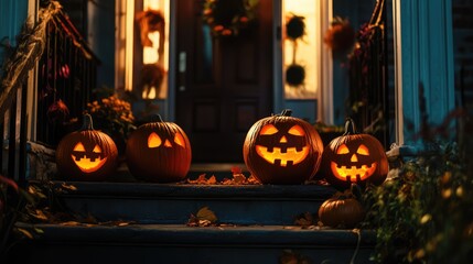 Obraz premium Halloween Pumpkins Decorating the Stoop of a House at Night, 3D Illustration. AI generated illustration.