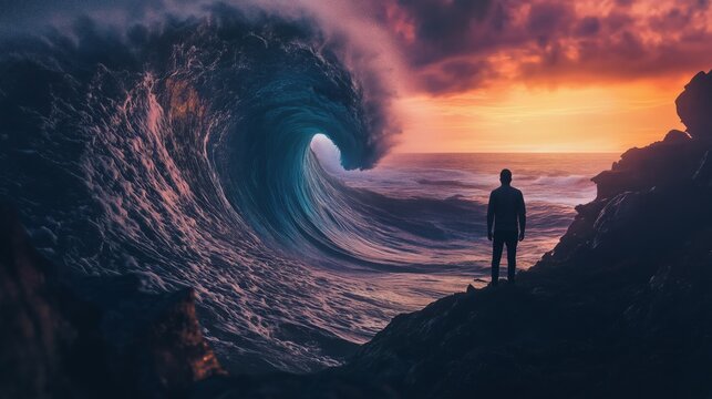 Big ocean waves about to crash on seaside silhouette of man stands on rocky beach during sunset - Powered by Adobe