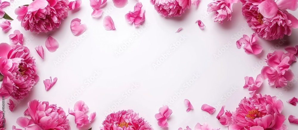 Poster Pink peony flowers arranged in a frame on a white background for a flat lay view with top view perspective providing copy space for an image
