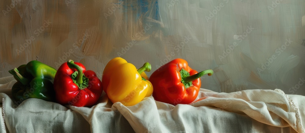 Poster colorful bell peppers nicely arranged on a linen cloth with available copy space image