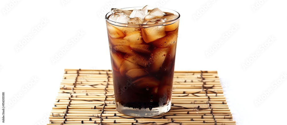 Leinwandbilder Iced Americano coffee displayed on a bamboo mat against a white background emphasizing the isolation theme with copy space image
