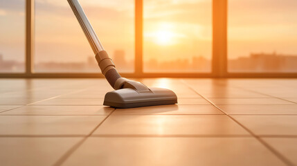 A vacuum cleaner on a tiled floor, capturing the warm glow of sunset light creating a serene cleaning atmosphere.