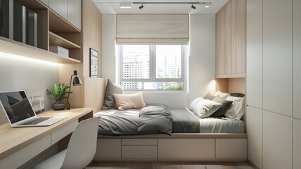 a minimalist bedroom with a built-in desk and uncluttered space
