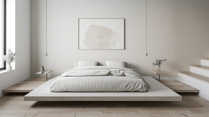 a minimalist bedroom with a floating bed and minimalist artwork