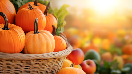 A vibrant basket of pumpkins illuminated by warm sunlight, set against a blurred autumn background. Perfect for seasonal themes.