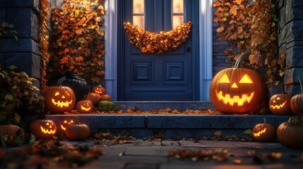 Halloween Pumpkins Decorating the Stoop of a House at Night, 3D Illustration. AI generated illustration.