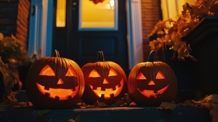 Obraz premium Halloween Pumpkins Decorating the Stoop of a House at Night, 3D Illustration. AI generated illustration.