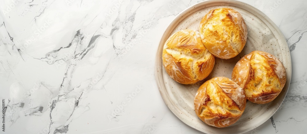 Poster Cheese bread on a marble table viewed from the top with a space available for your text or image. Creative banner. Copyspace image