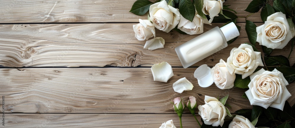 Poster flat lay arrangement of cosmetic products and roses on a wooden surface offering copy space for addi