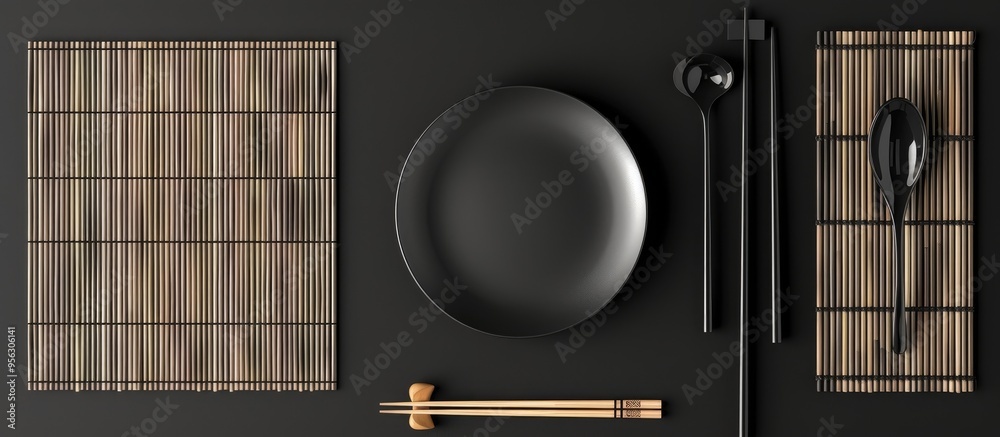 Aufkleber Elegant black table setting with stainless tools including plate spoon chopsticks and a bamboo sushi rolling mat blending fusion concepts offering an empty copy space image