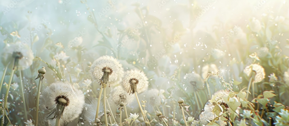Poster selective focus enhances the beauty of a serene spring scene with lovely white dandelions against a 