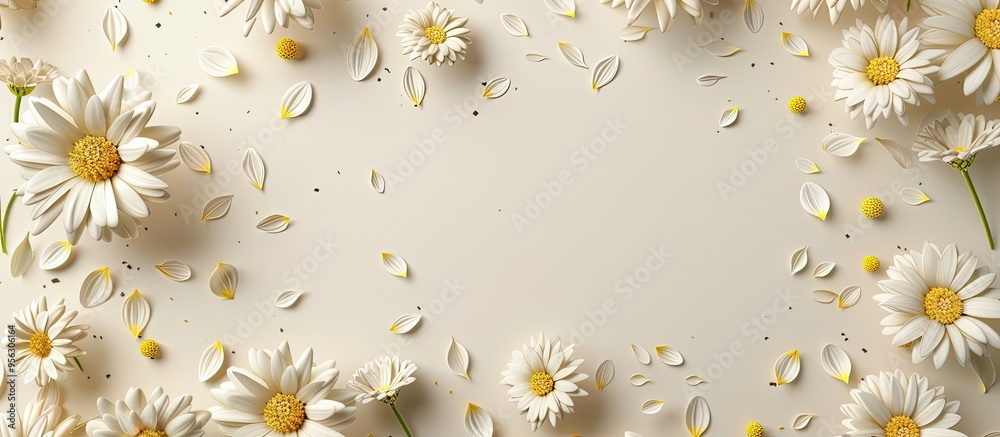 Aufkleber Circular frame of chamomile daisies on a light beige background with room for text or images ideal for creating a summer themed design. Creative banner. Copyspace image